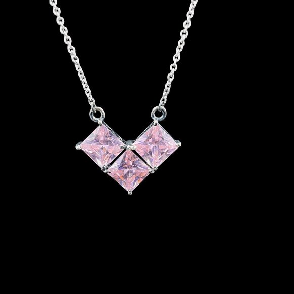 Pink Heart Crystal Necklace Dainty Minimalist Pendant Silver Tone Chain Gift NWT - Picture 3 of 7